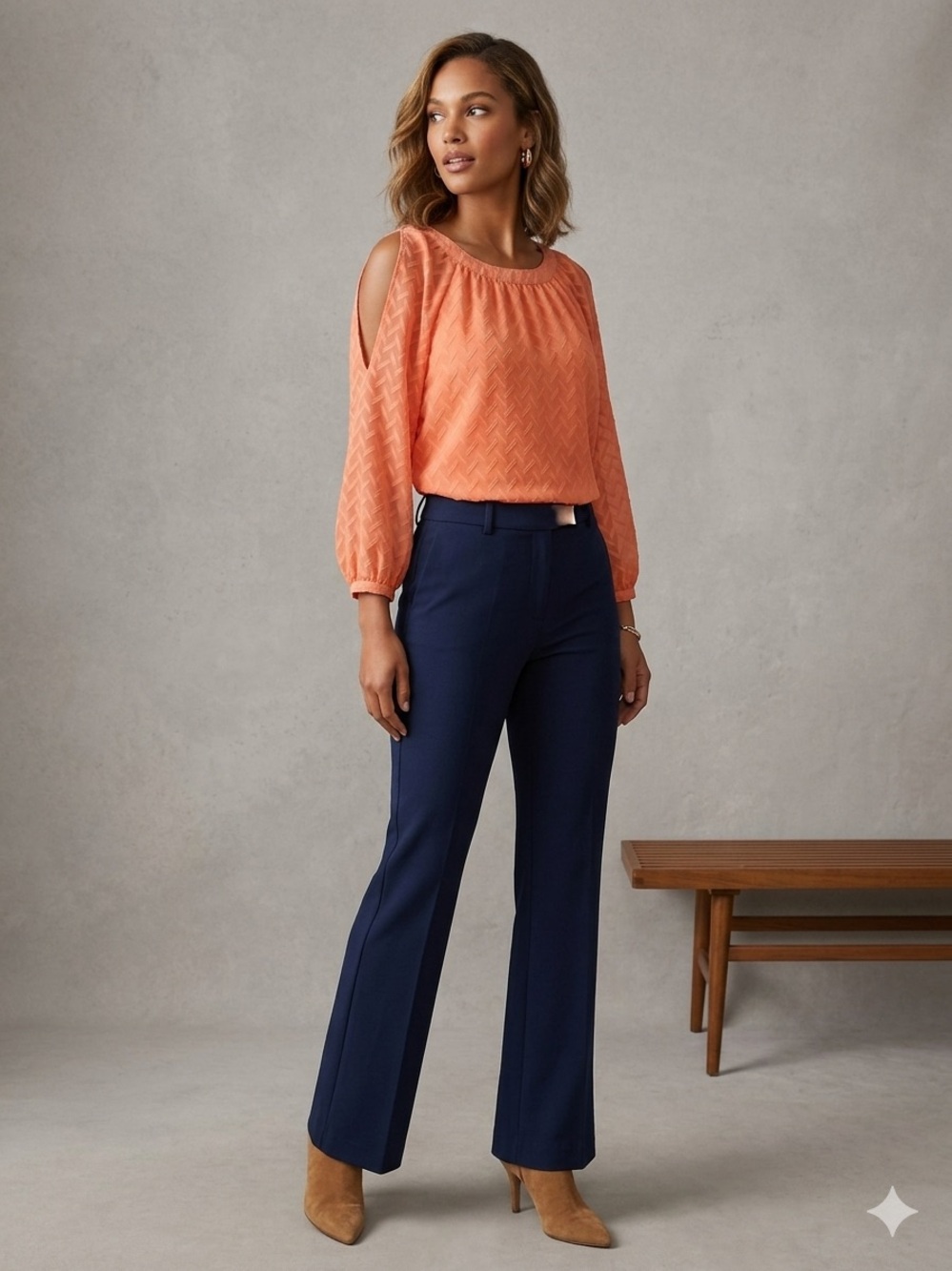 Cato XS Orange Textured Blouse | Cold Shoulder Cutout | Boho Flowy Top